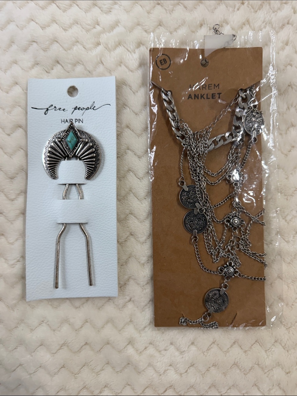 Free People Silver Tone Hair Pin with Turquoise Accent & HaremAnklet